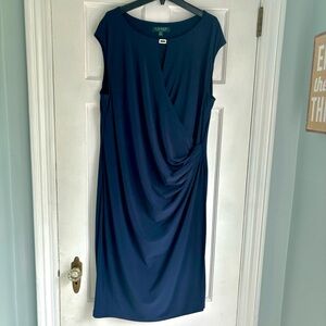 Ralph Lauren Navy Keyhole Stretch Jersey Cap Sleeve Midi Pullover Dress Sz 18